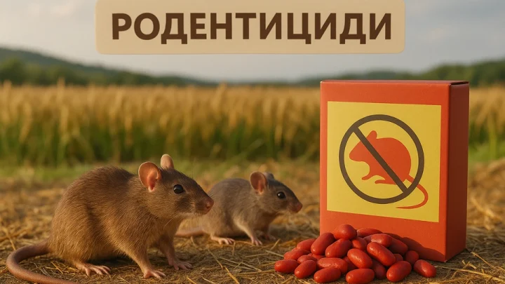 Двоє гризунів — пацюк і миша — серед стерні на зібраному полі. Поряд стоїть яскрава червона коробка родентициду та розсипані бірюзові отруйні приманки. На фоні видно золотисте поле пшениці, зелені пагорби й блакитне небо.