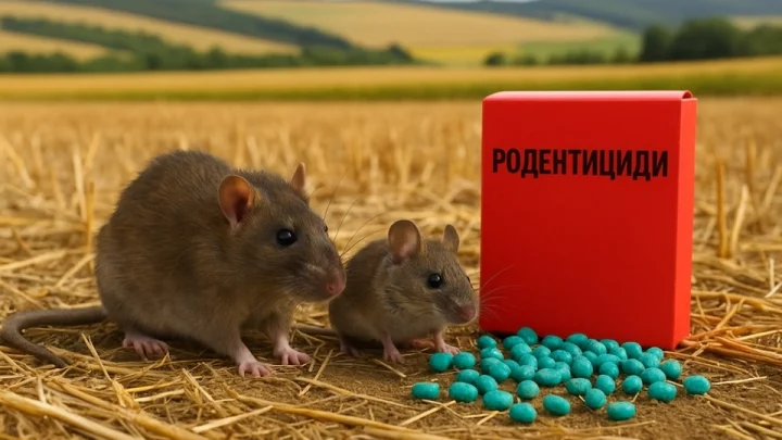 Пацюк і миша серед стерні на зібраному полі. Біля них розташована червона коробка з родентицидом та розсипані бірюзові приманки. На горизонті видно золотисте пшеничне поле, зелені пагорби та блакитне небо.