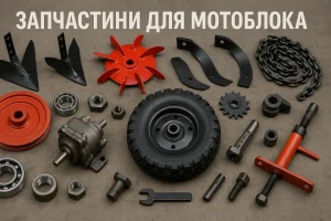 Майстер перевіряє запчастини для мотоблока — двигун, ремені, свічки та фільтри розкладені на верстаку; символ турботи, надійності та якості технічного обслуговування.