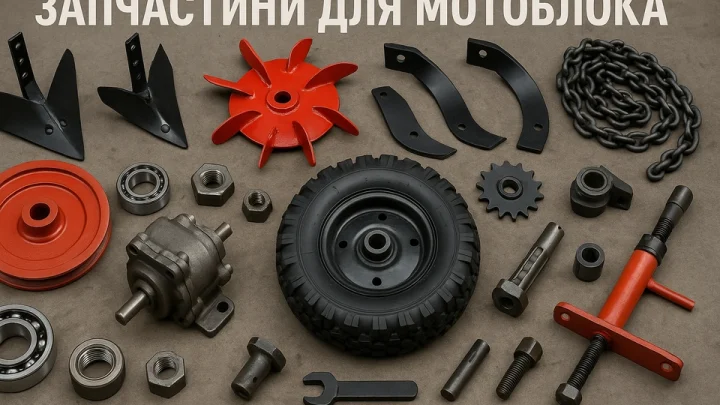 Майстер перевіряє запчастини для мотоблока — двигун, ремені, свічки та фільтри розкладені на верстаку; символ турботи, надійності та якості технічного обслуговування.